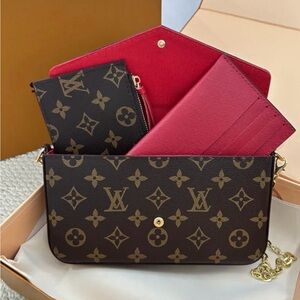 Luxury Designer Bag Monogram Triple-Pouch Crossbody Purse in Brown & Red